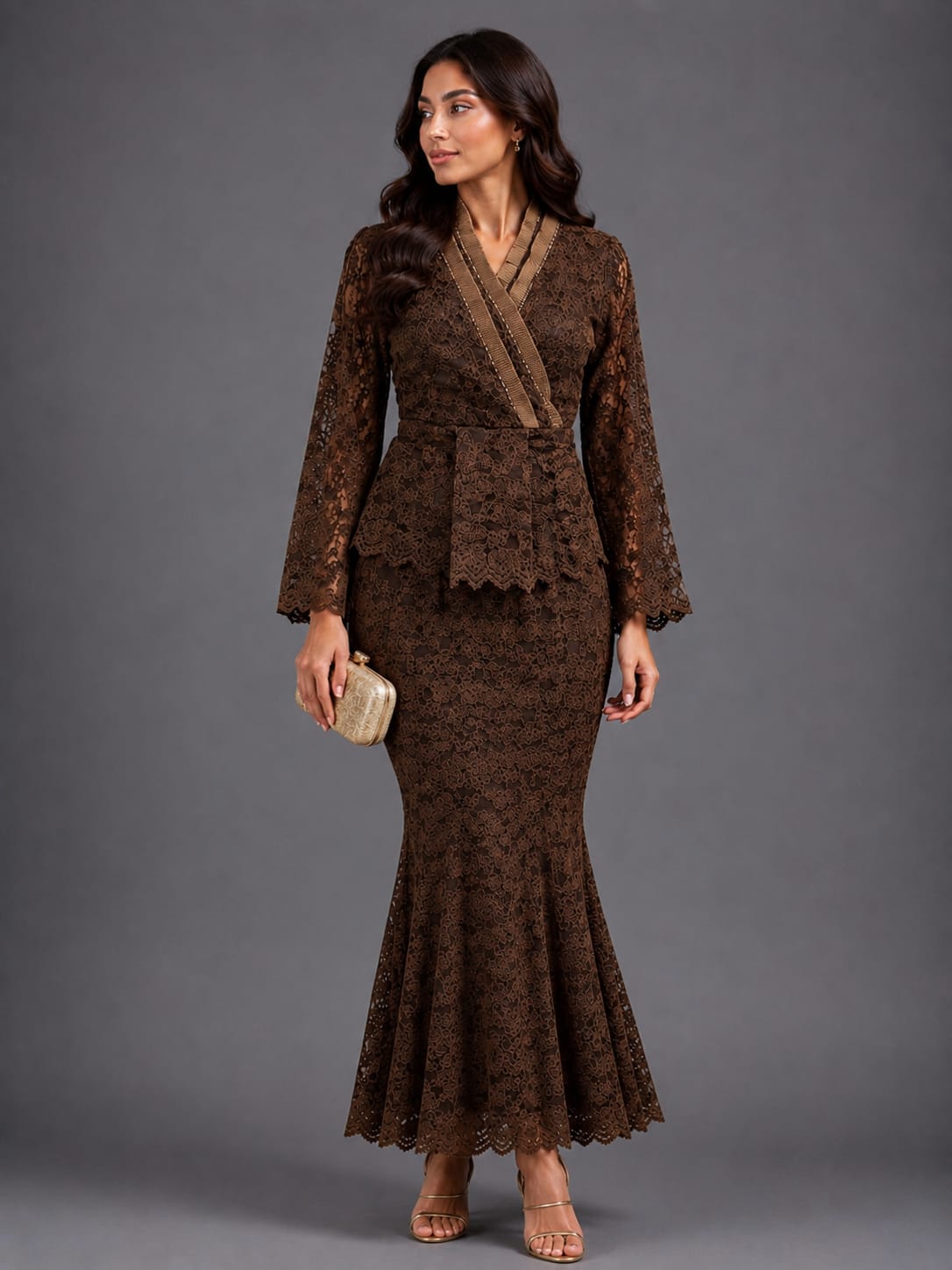 Brown Lace Wrap Co-Ord Set