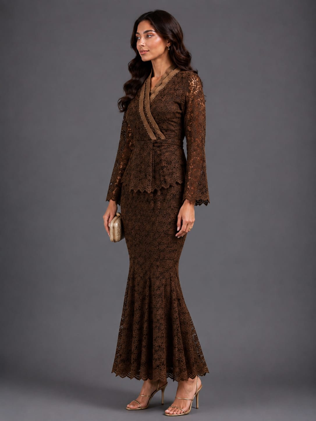 Brown Lace Wrap Co-Ord Set