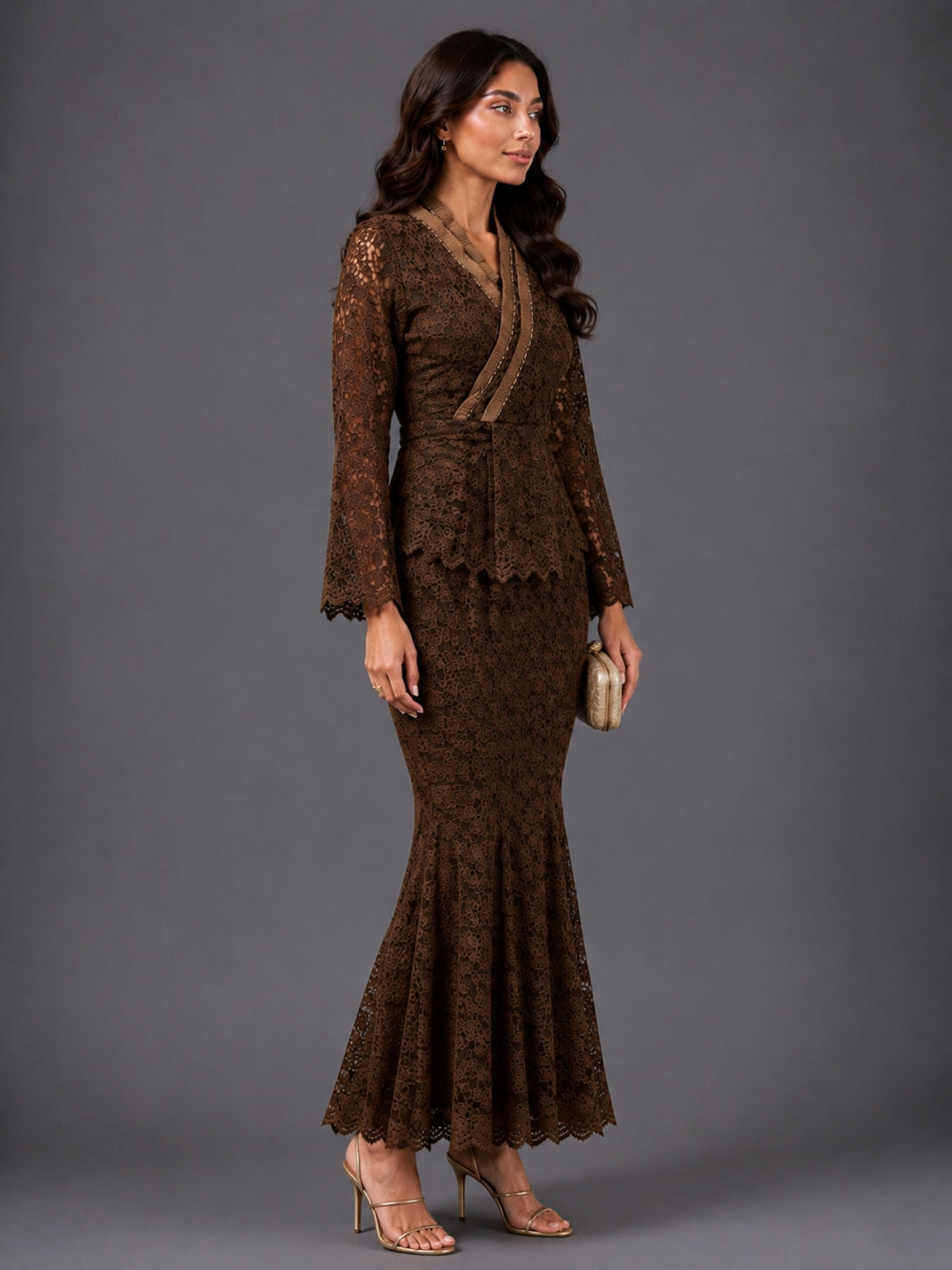 Brown Lace Wrap Co-Ord Set