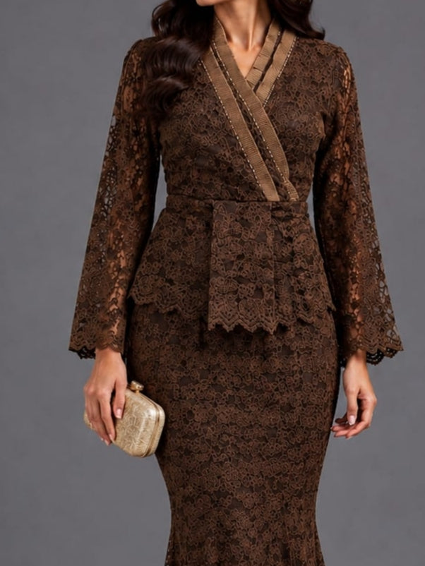 Brown Lace Wrap Co-Ord Set
