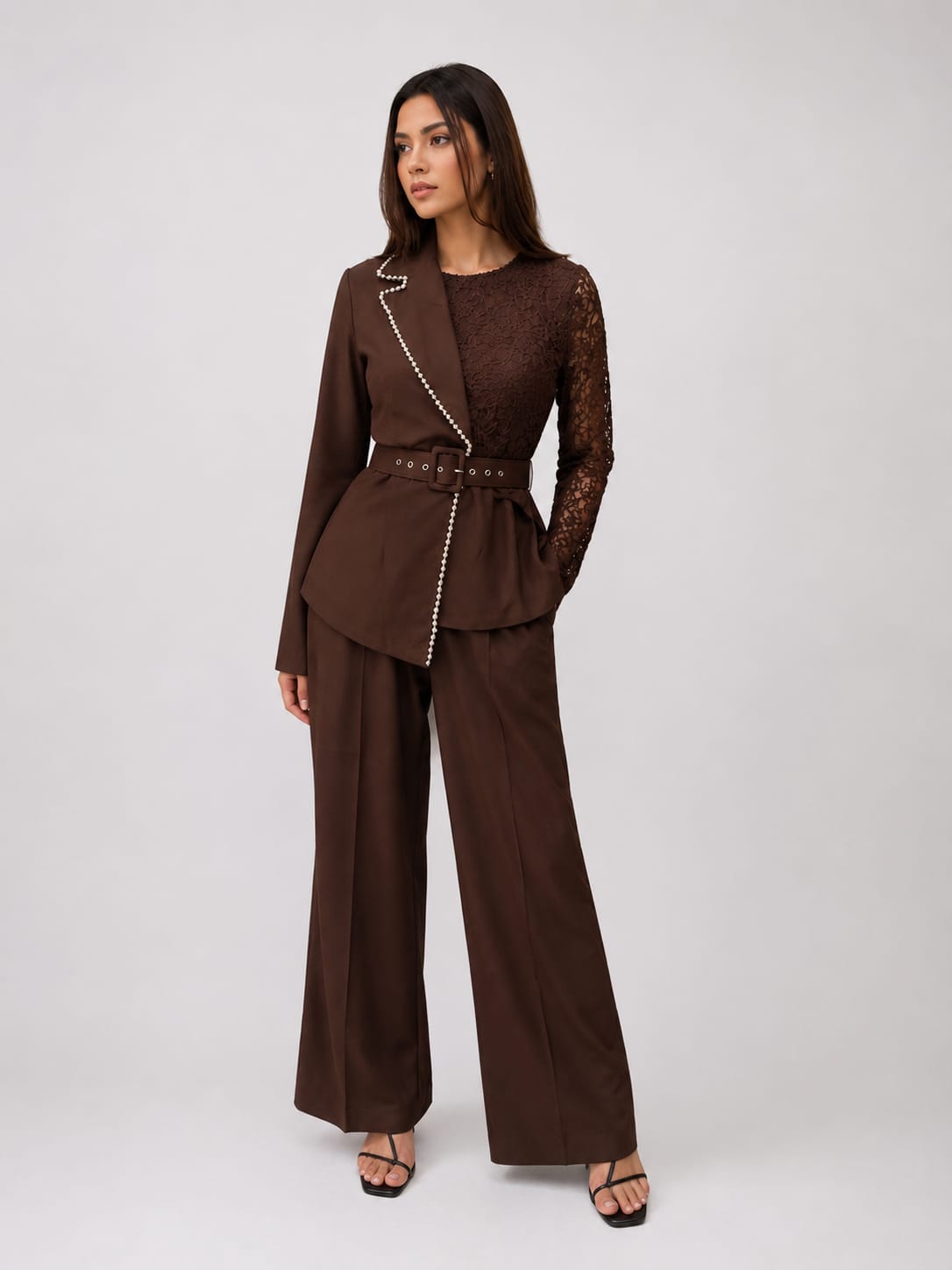 Brown Embellished Belted Co-Ord Set