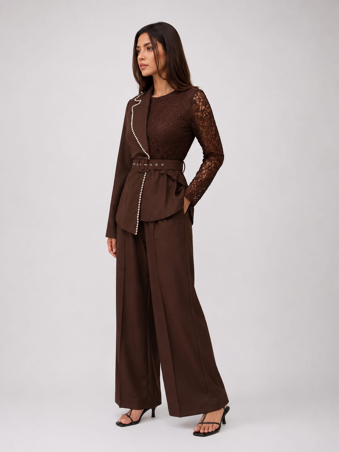 Brown Embellished Belted Co-Ord Set