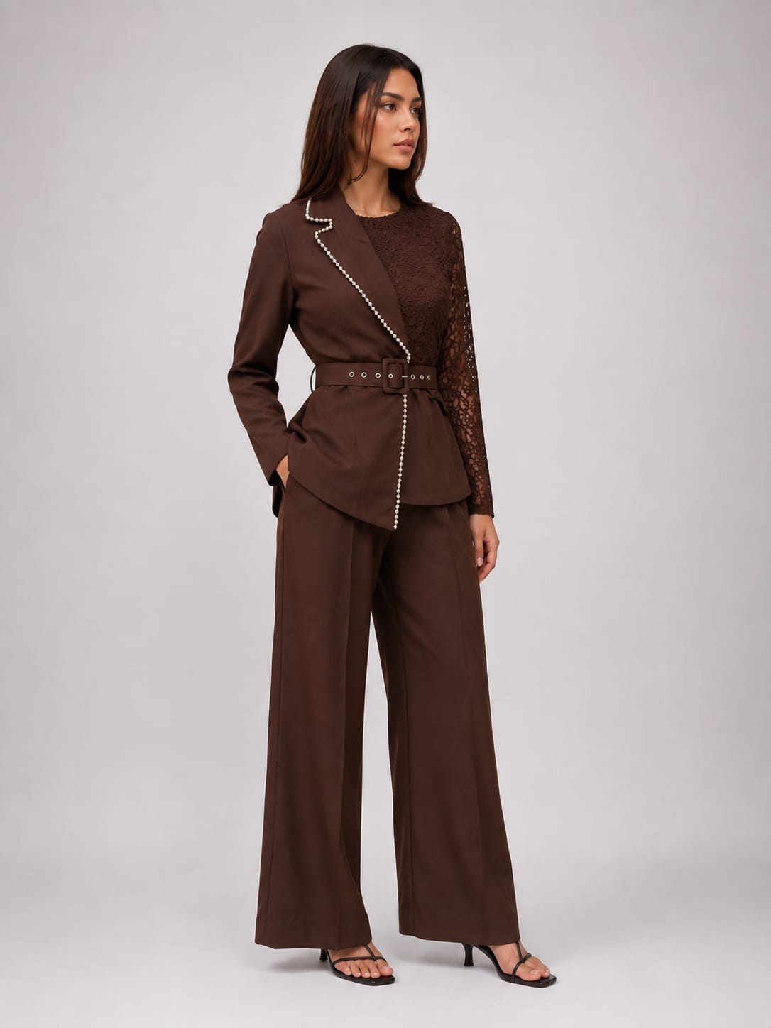 Brown Embellished Belted Co-Ord Set