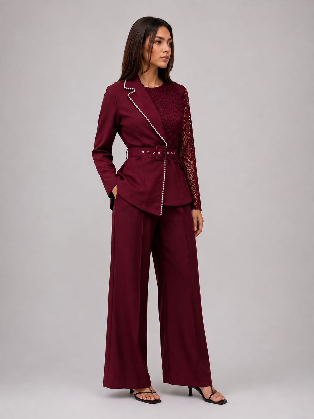 Brown Embellished Belted Co-Ord Set