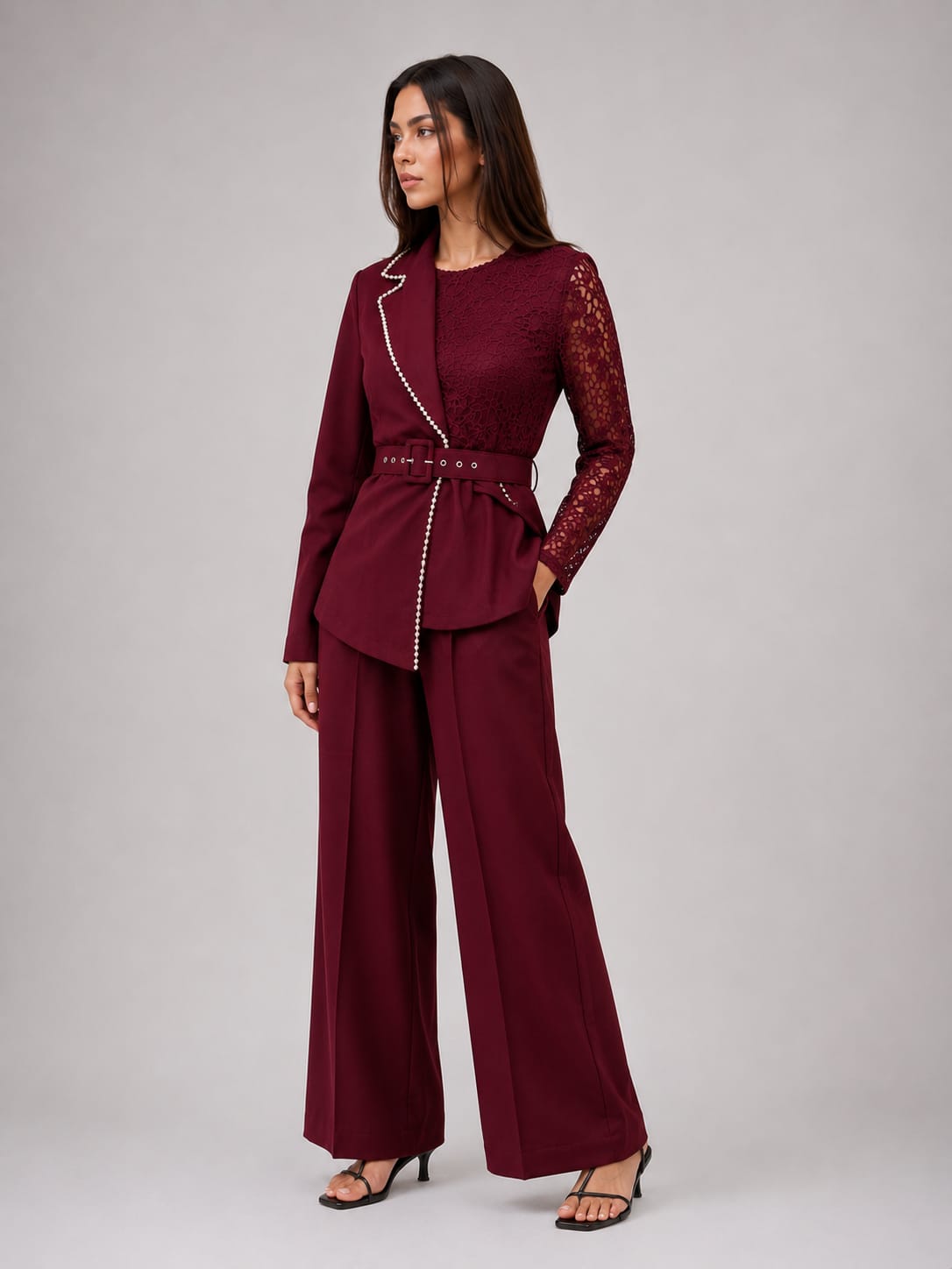 Brown Embellished Belted Co-Ord Set