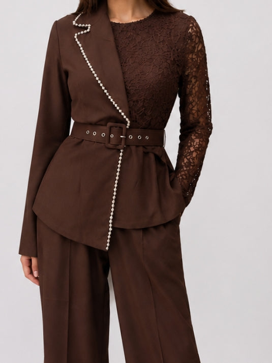 Brown Embellished Belted Co-Ord Set