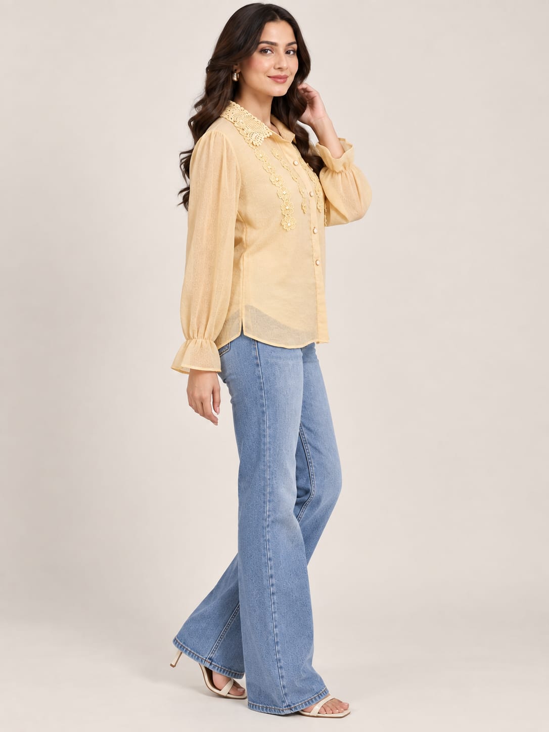 Beige Floral Embroidered Shirt