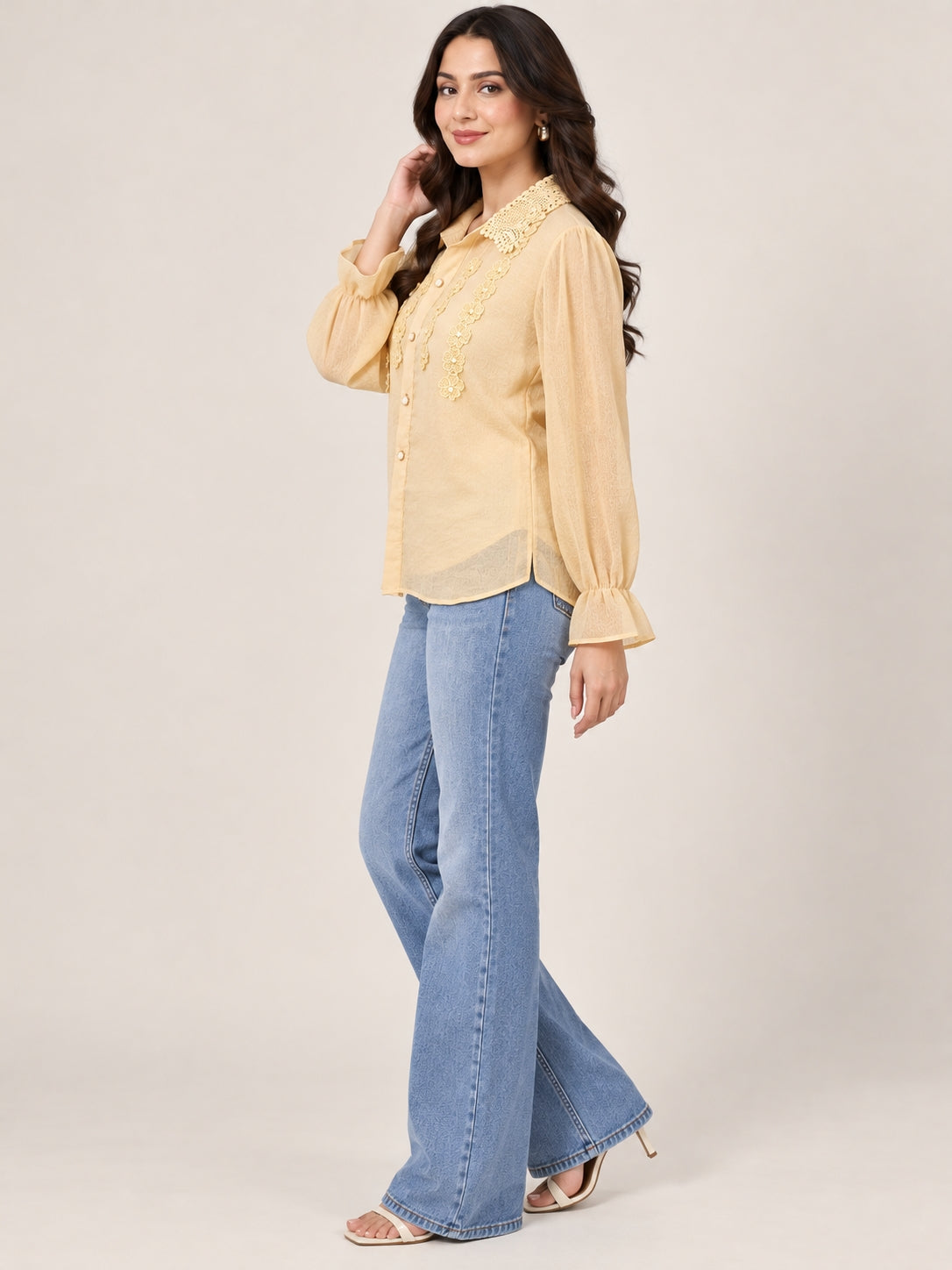 Beige Floral Embroidered Shirt