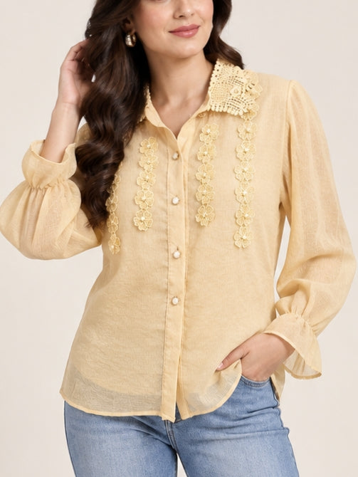 Beige Floral Embroidered Shirt