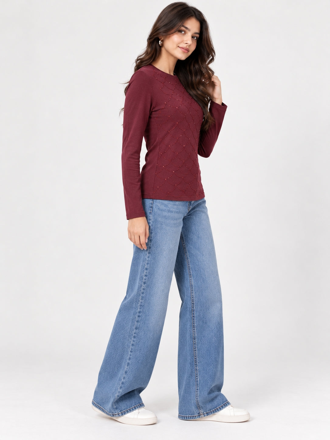 Wine Embroidered Full Sleeve