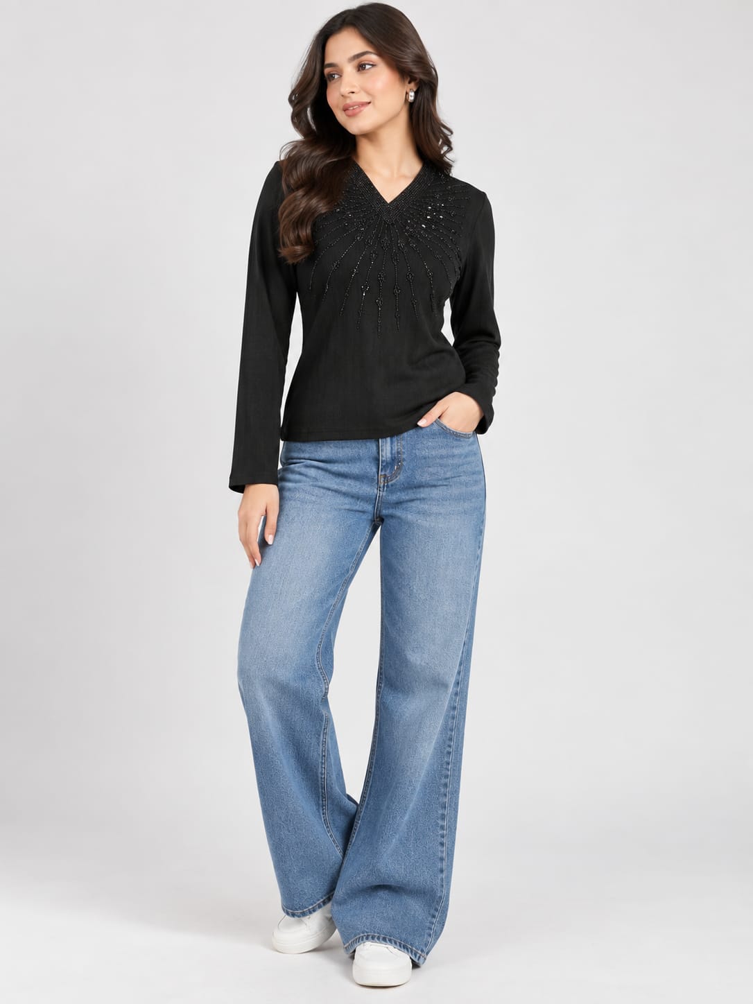 Black Embroidered V Neck Top