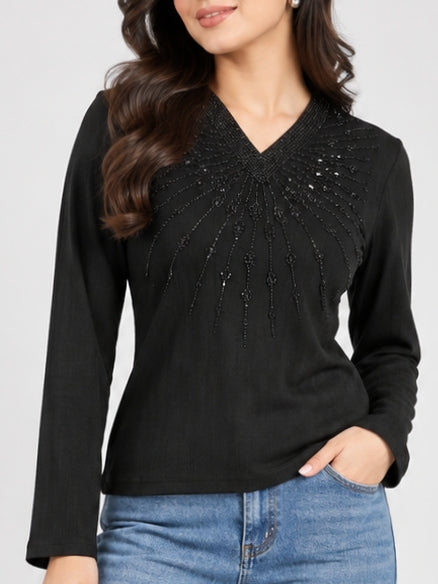 Black Embroidered V Neck Top