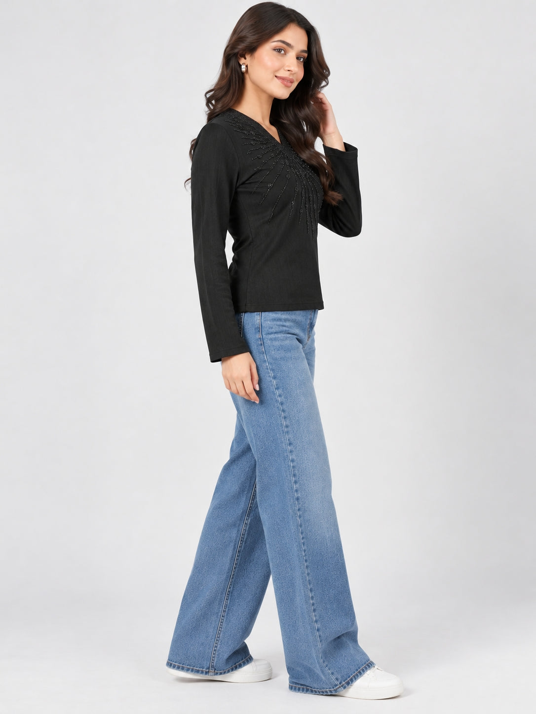 Black Embroidered V Neck Top