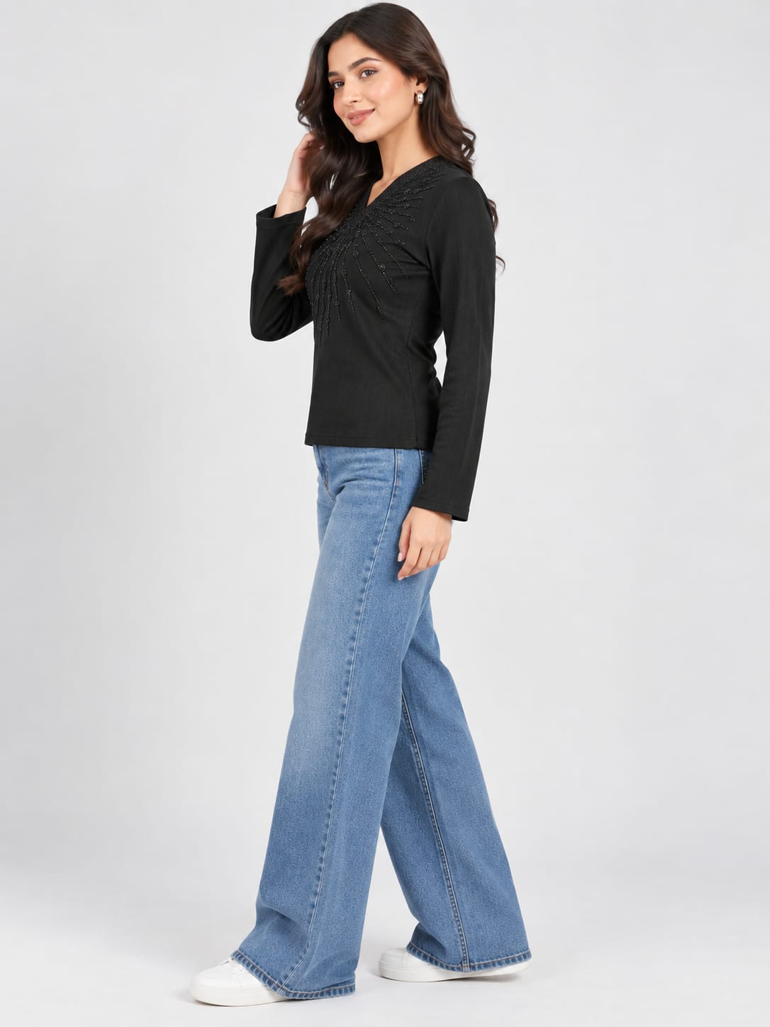 Black Embroidered V Neck Top