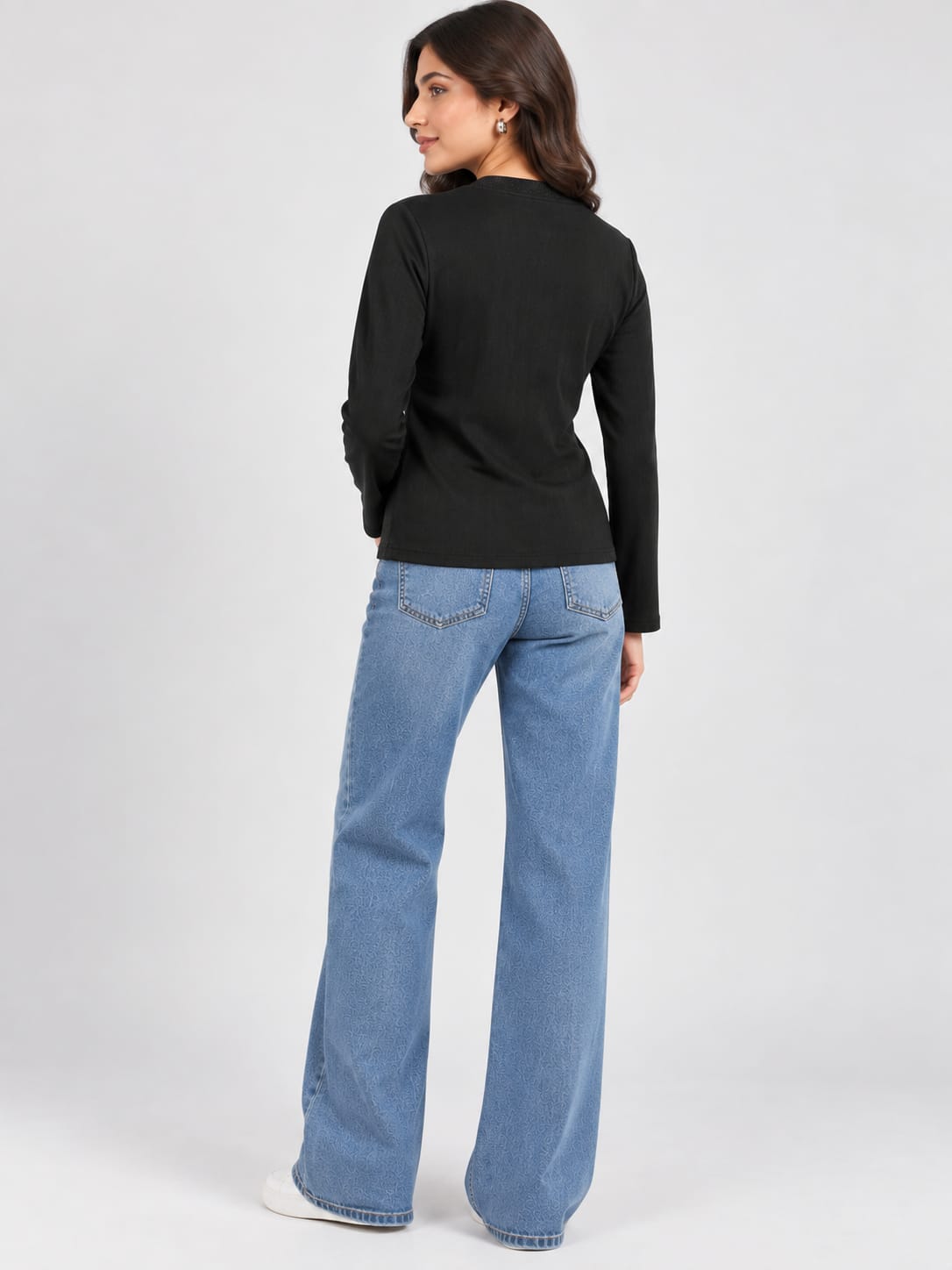 Black Embroidered V Neck Top