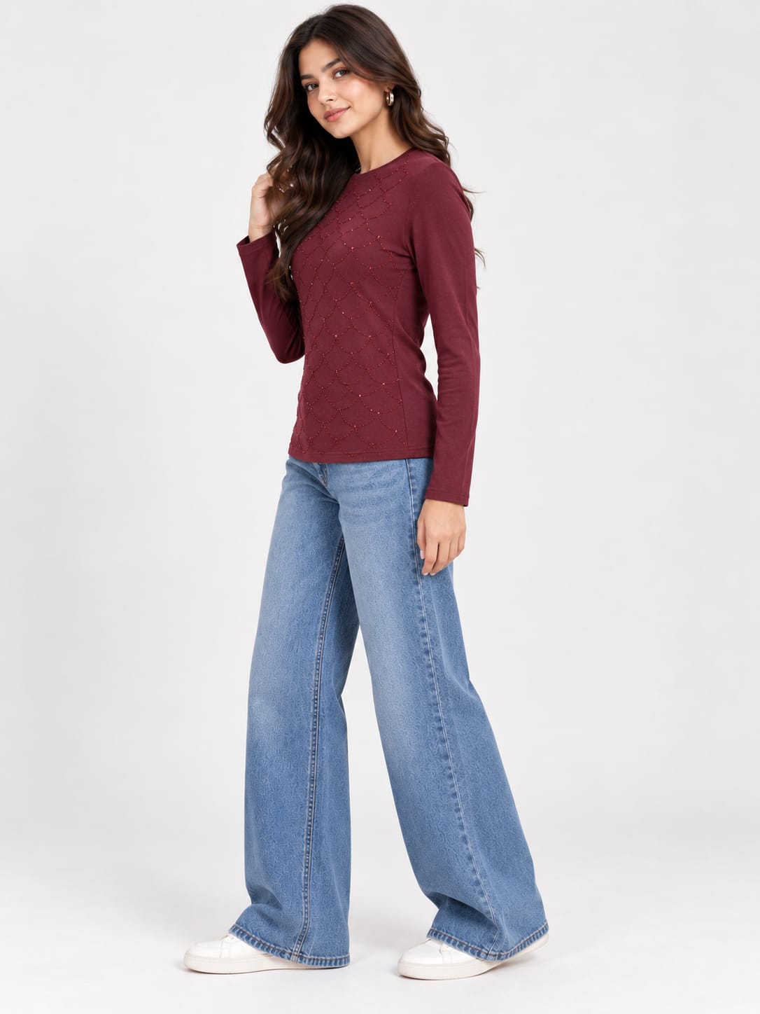 Wine Embroidered Full Sleeve