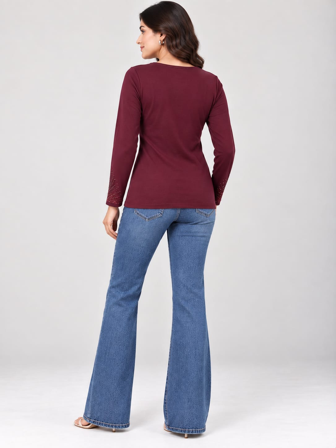 Wine Embroidered Full Sleeve