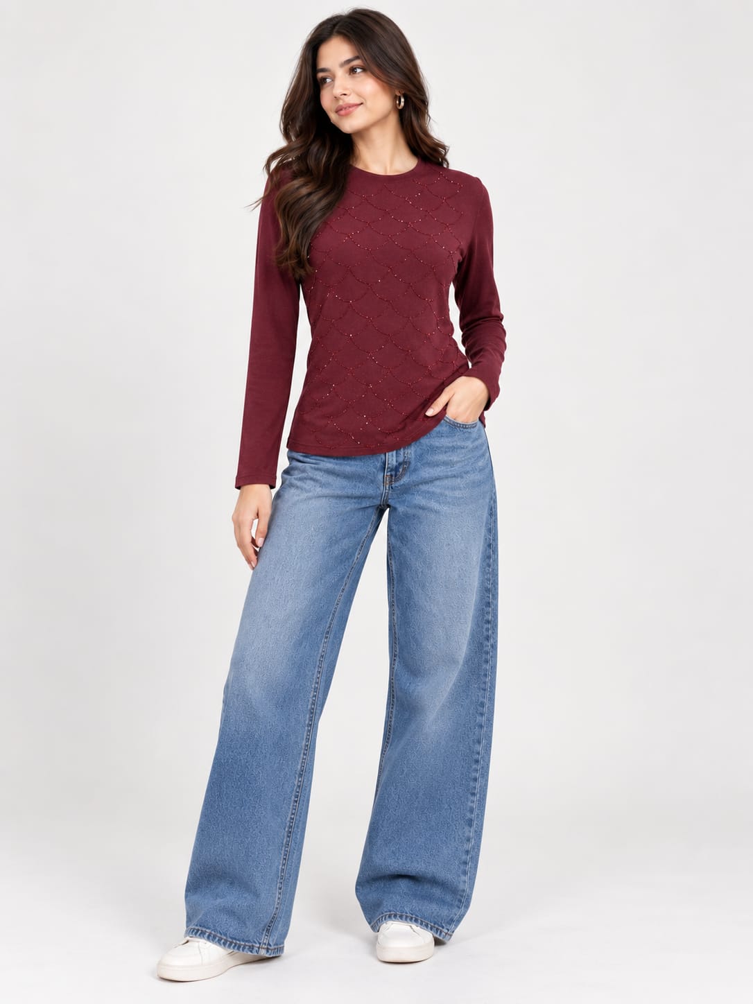 Wine Embroidered Full Sleeve