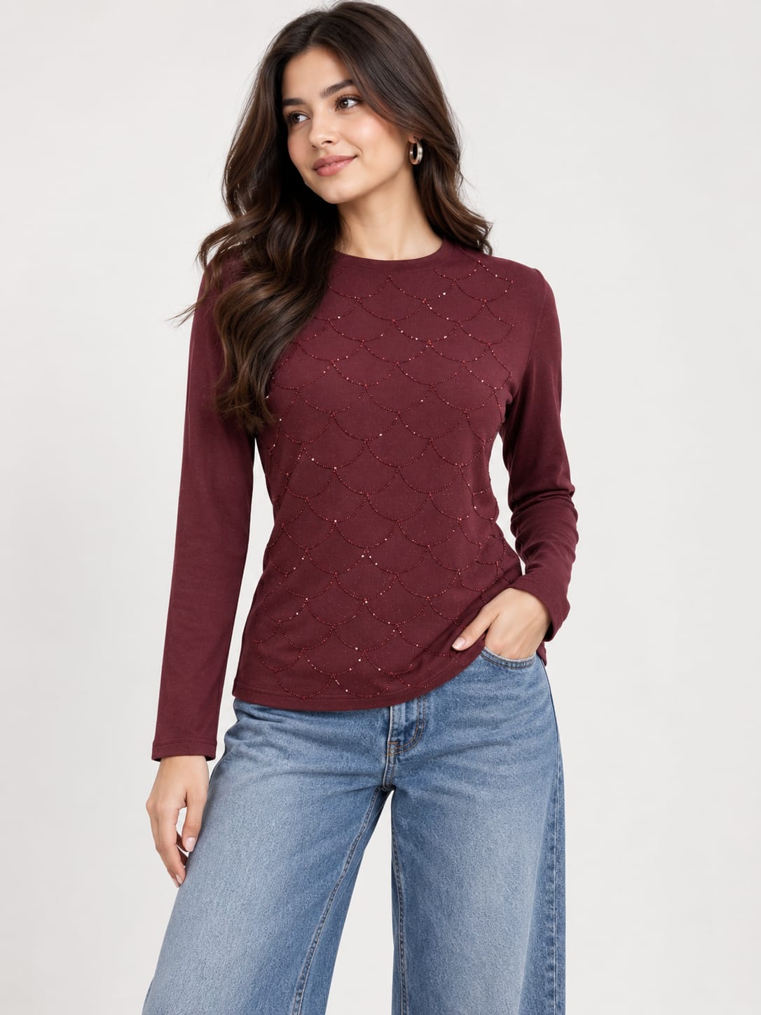Wine Embroidered Full Sleeve