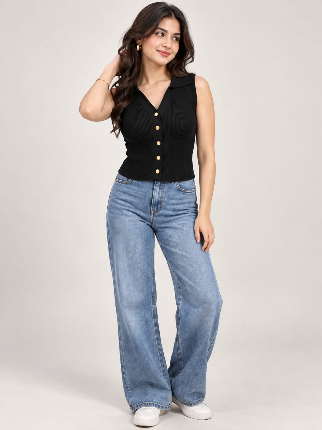 Black Button Front Top