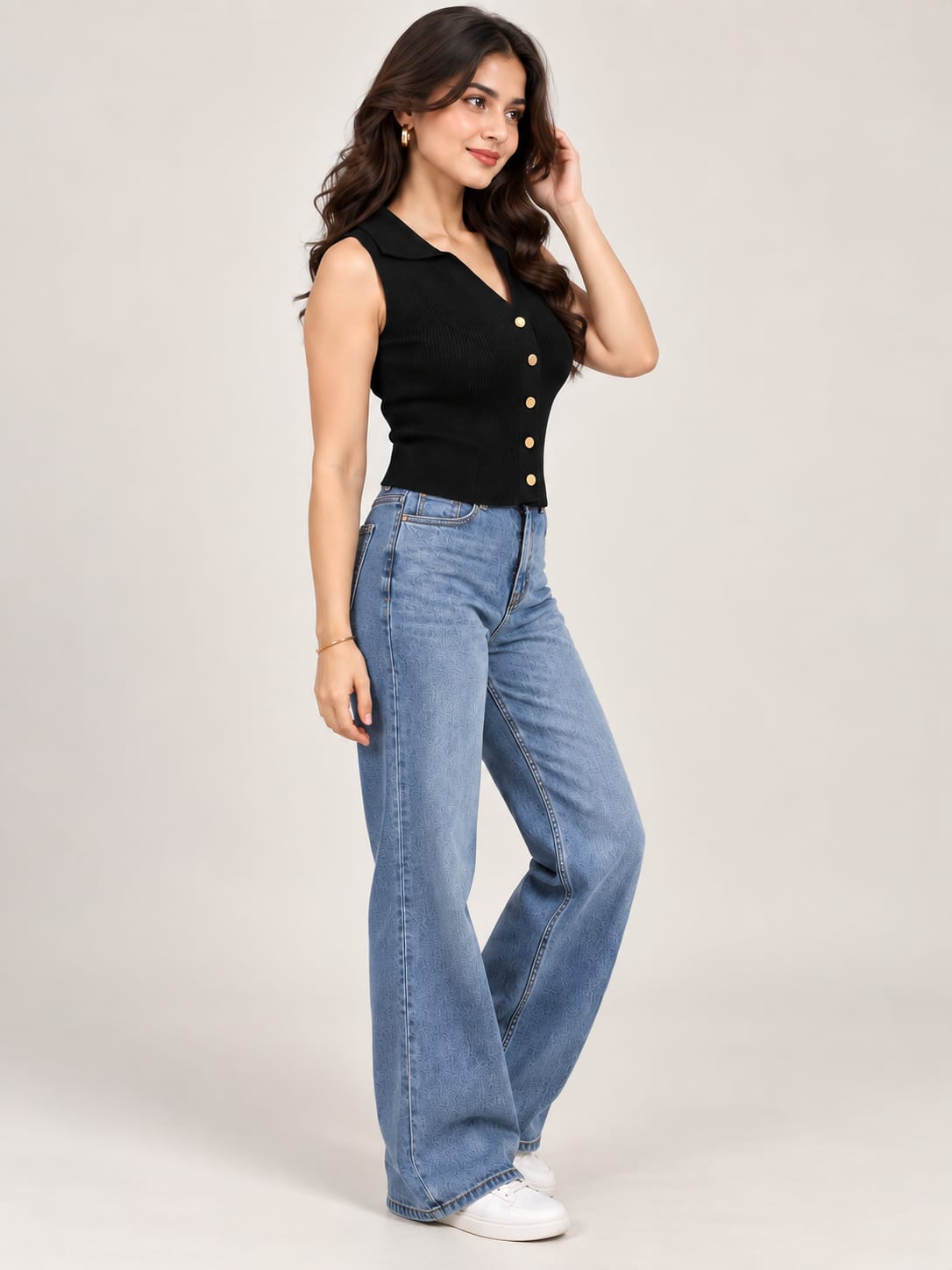 Black Button Front Top