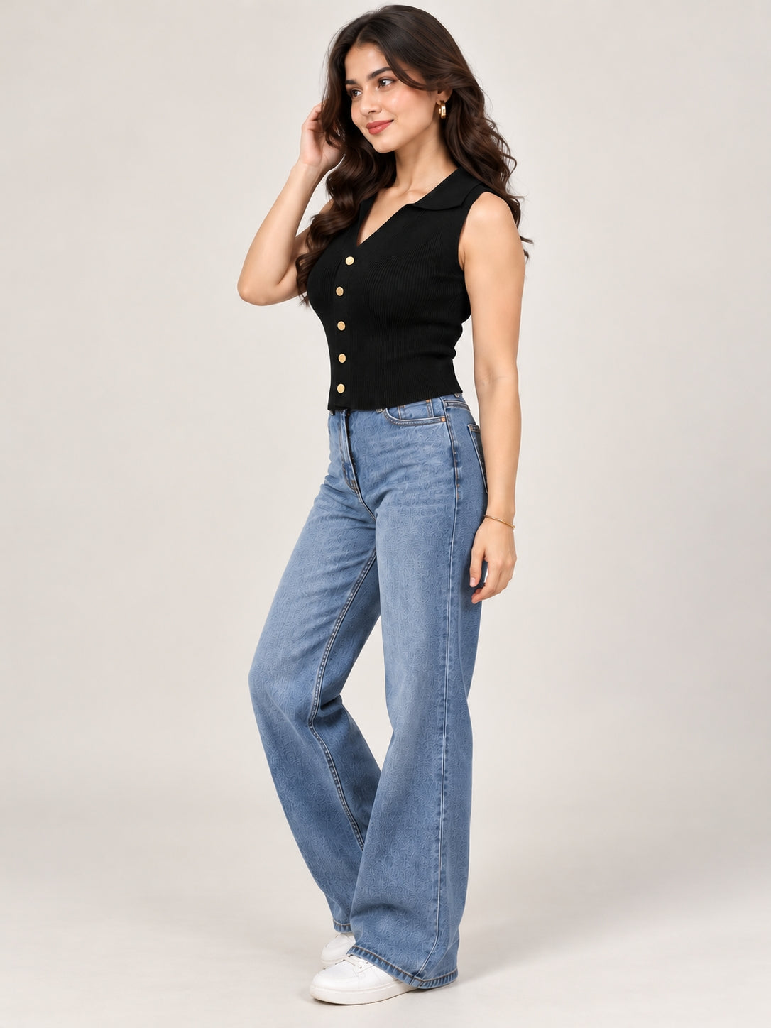 Black Button Front Top