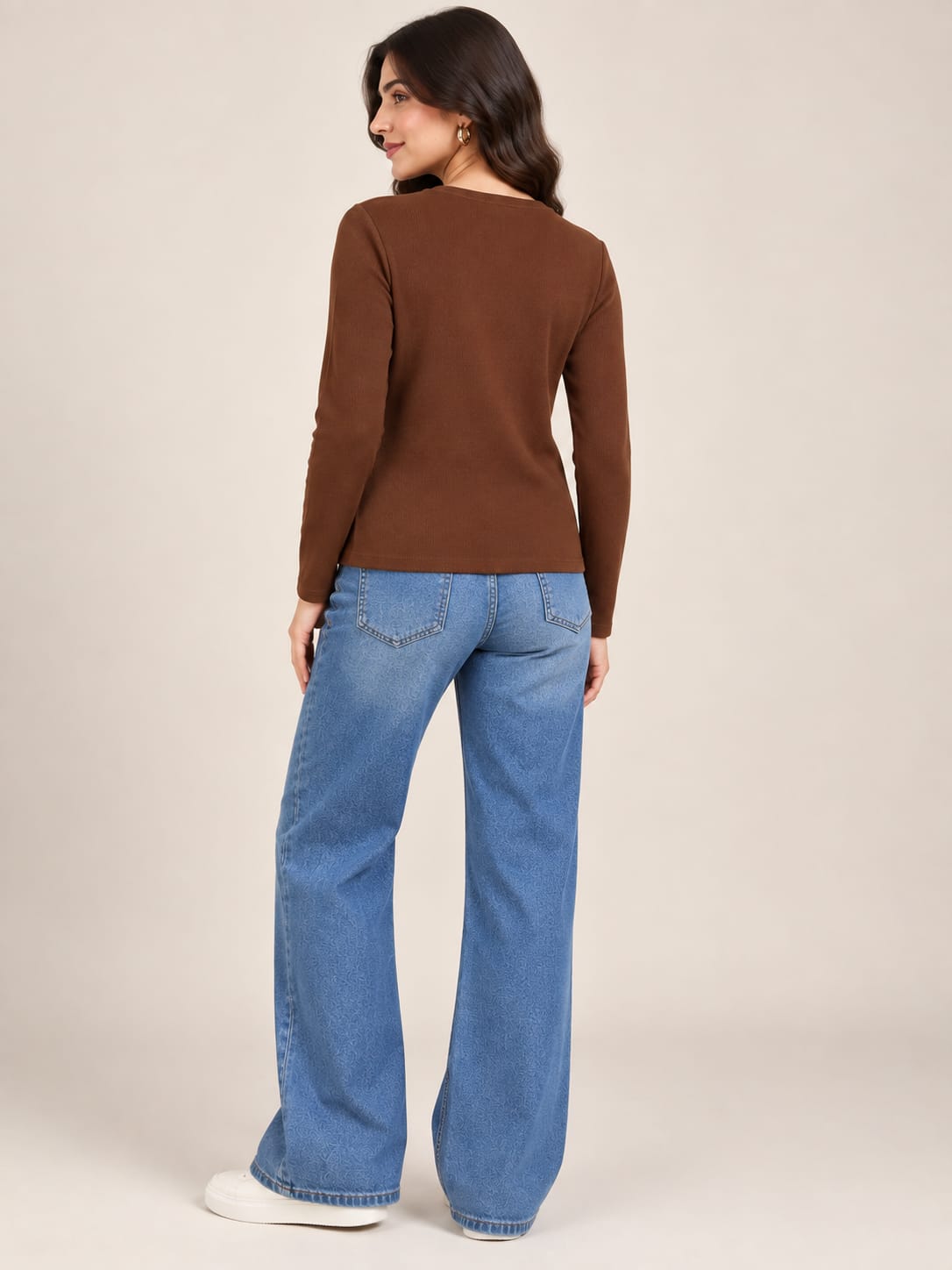 Brown V Neck Embroidered Top