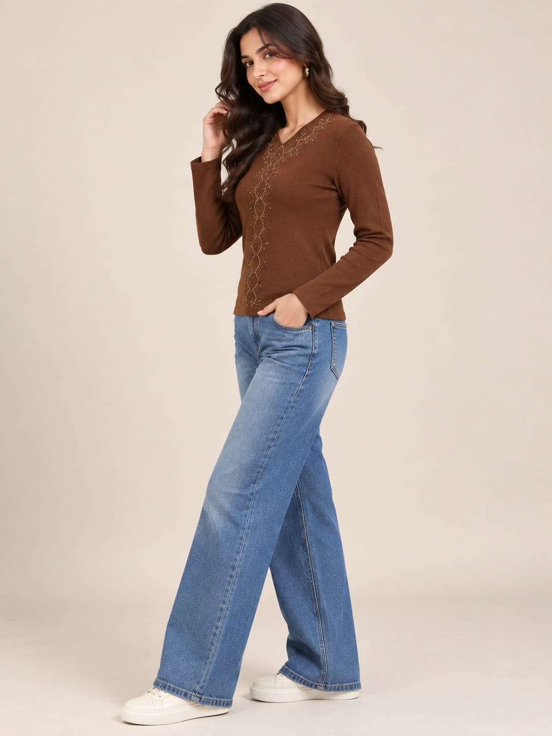 Brown V Neck Embroidered Top