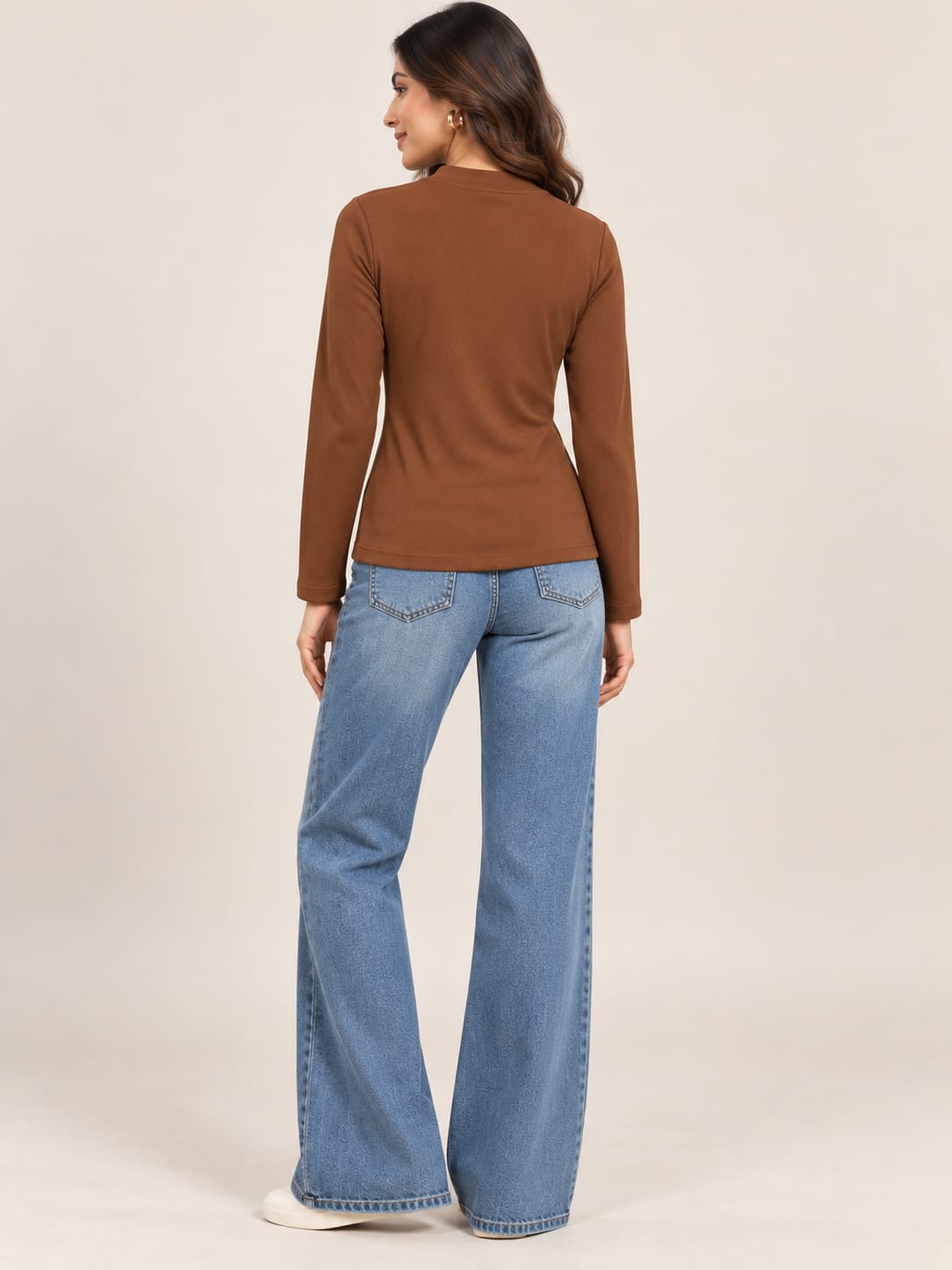 Brown Embellished High Neck Top