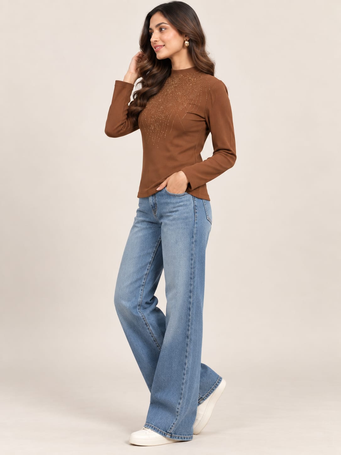 Brown Embellished High Neck Top