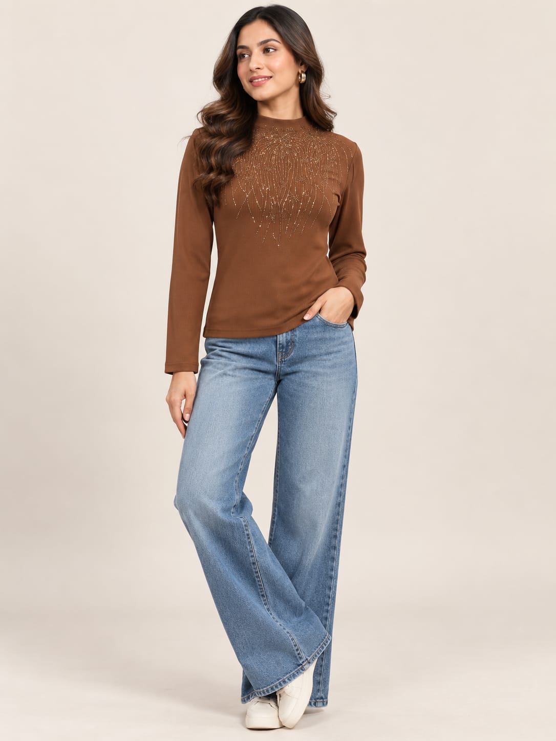 Brown Embellished High Neck Top