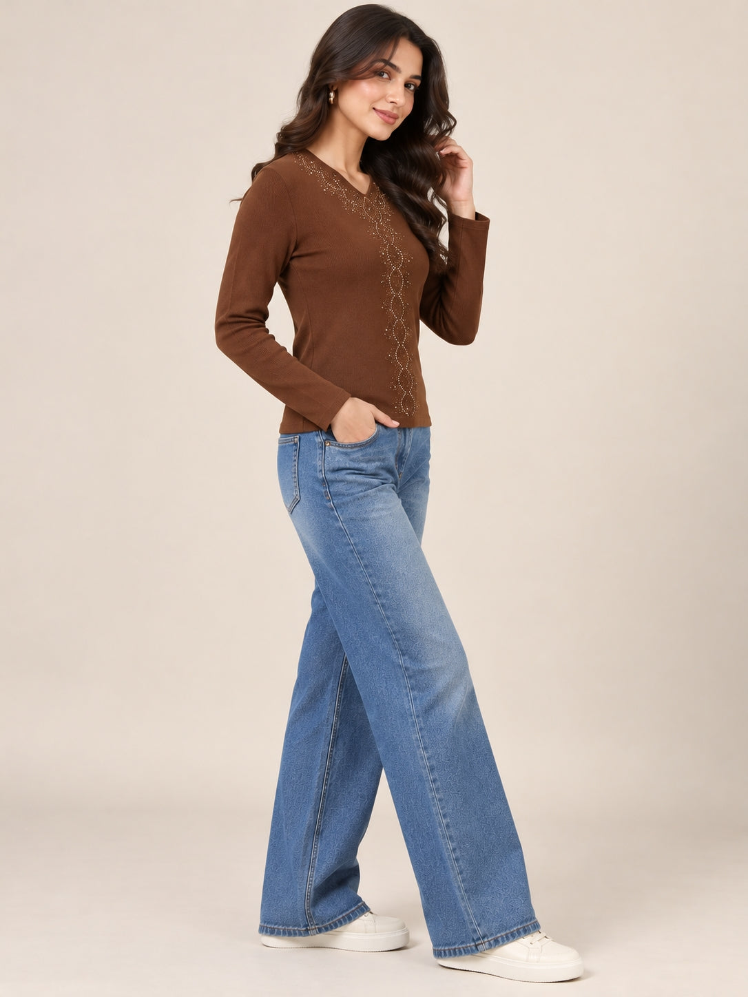 Brown V Neck Embroidered Top