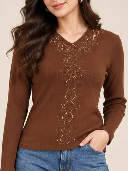 Brown V Neck Embroidered Top