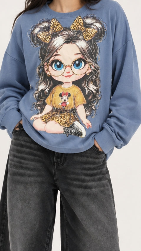 Women’s Graphic Leopard Bow Doll Sweatshirt