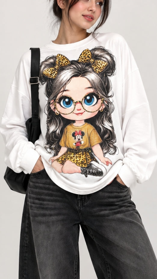Women’s Graphic Leopard Bow Doll Sweatshirt