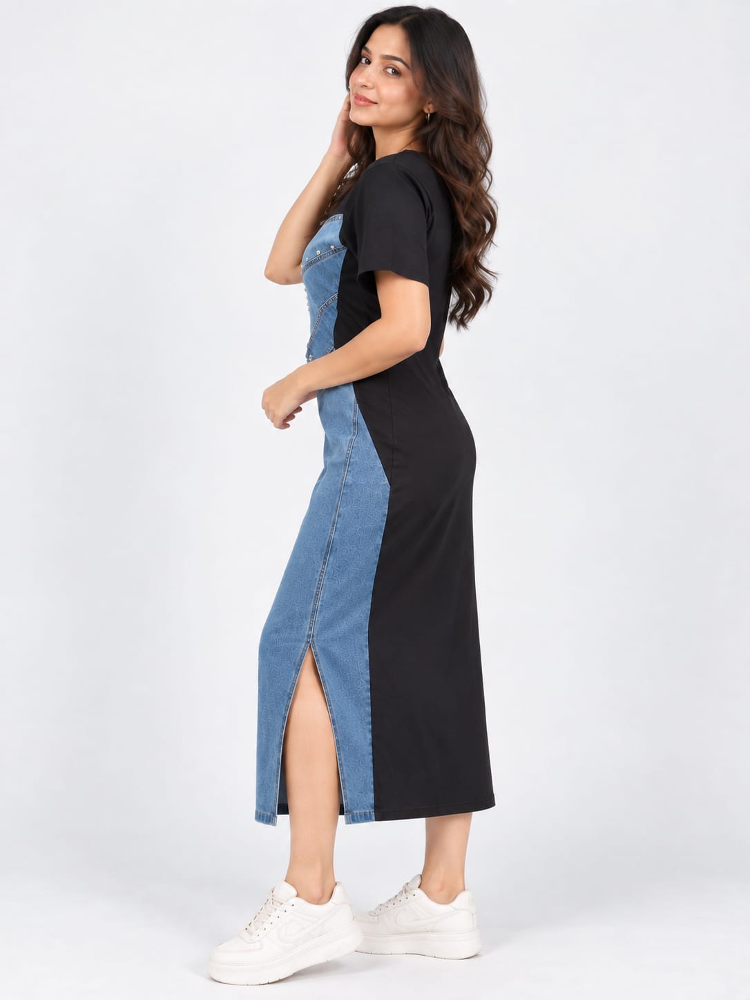Denim Patchwork Midi Dress