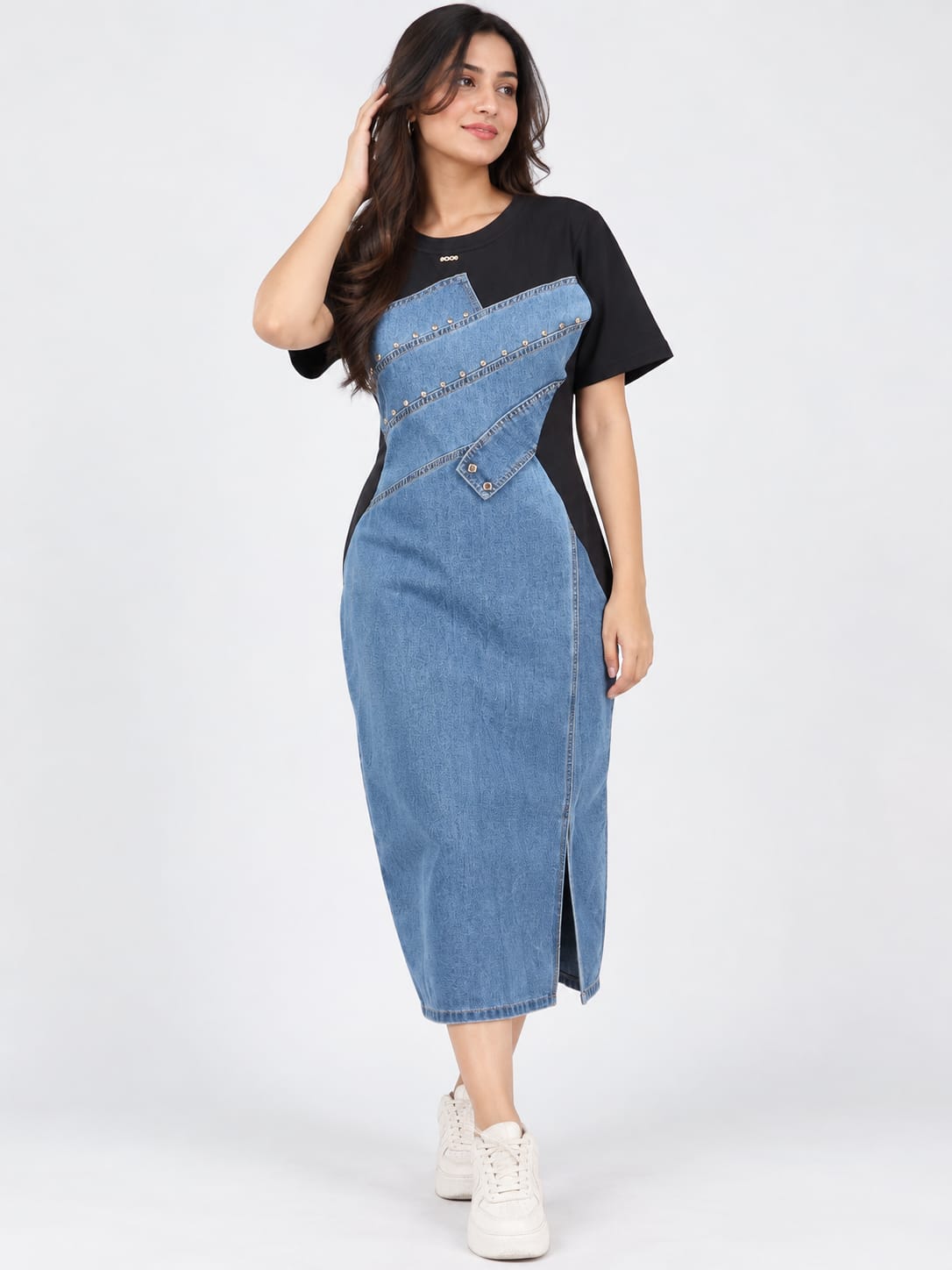Denim Patchwork Midi Dress