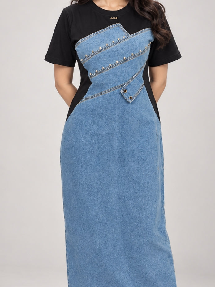 Denim Patchwork Midi Dress