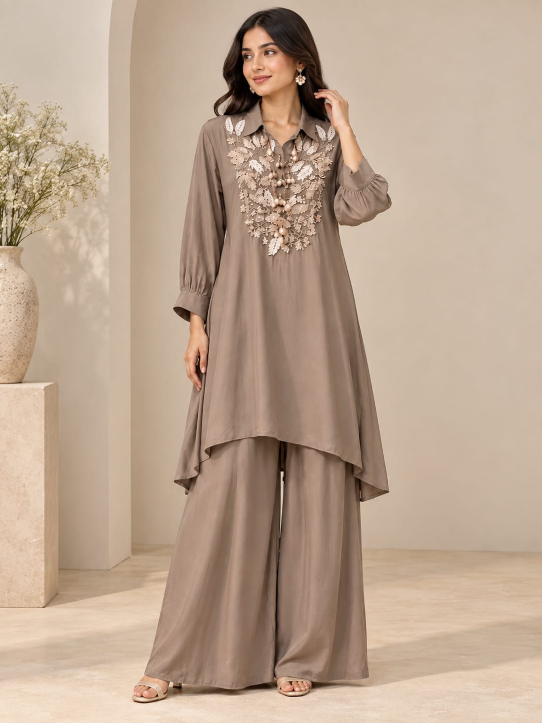 Taupe Embroidered Set