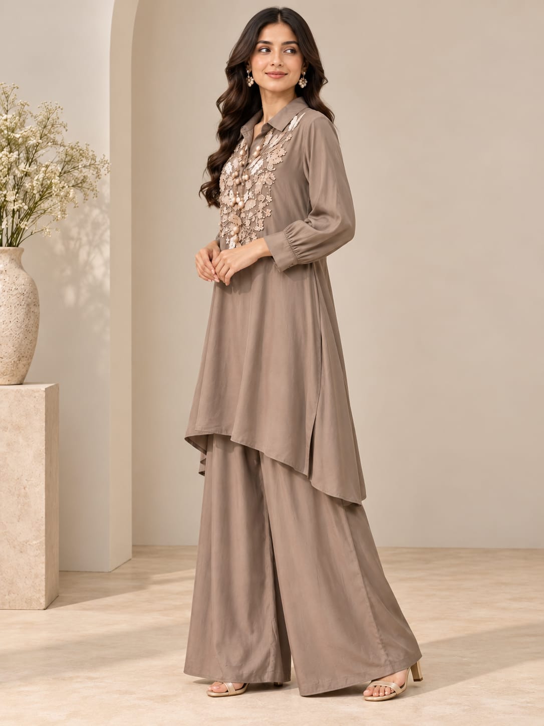 Taupe Embroidered Set