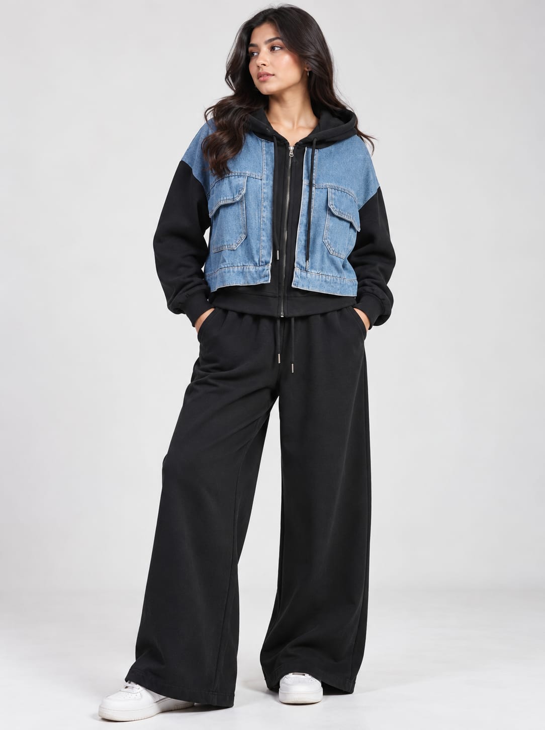 Blue Denim Black Hoodie Set