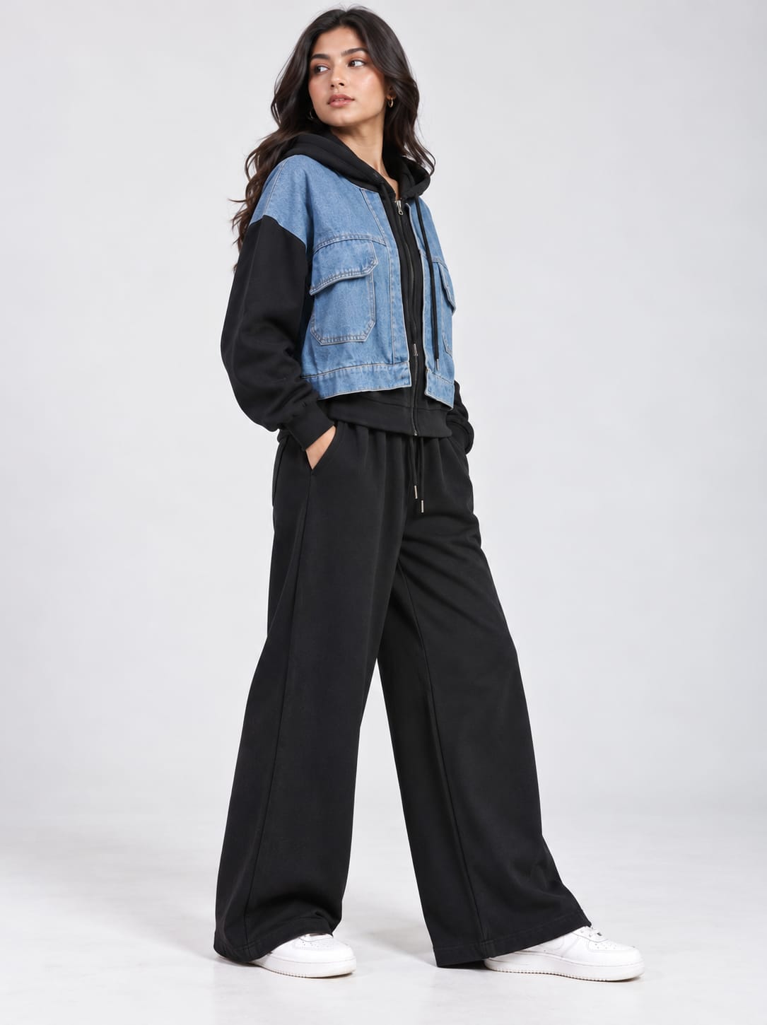 Blue Denim Black Hoodie Set