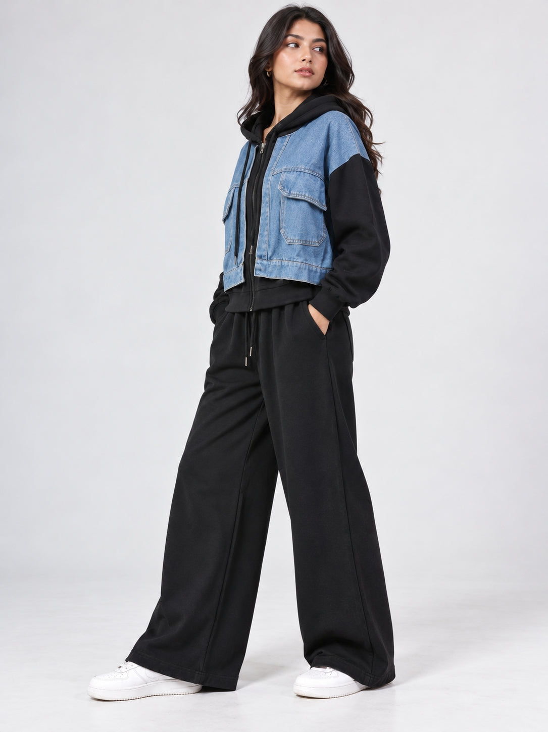 Blue Denim Black Hoodie Set