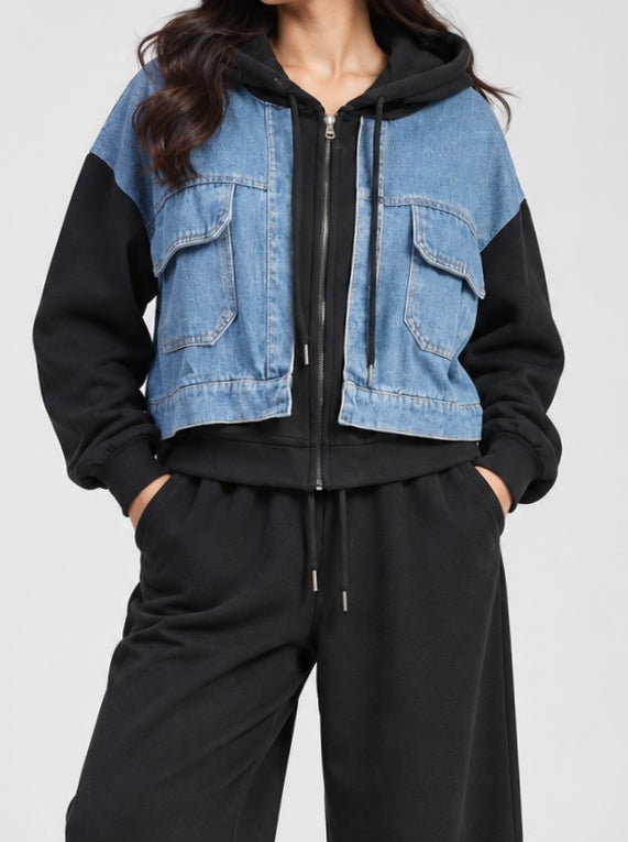 Blue Denim Black Hoodie Set