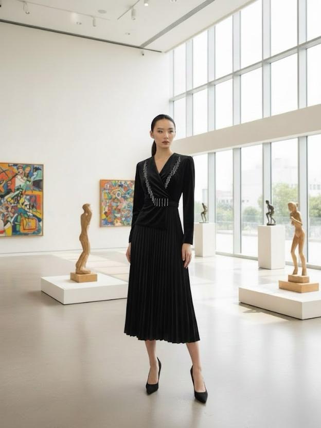 Women's Wine Velvet Pleated Midi Dress