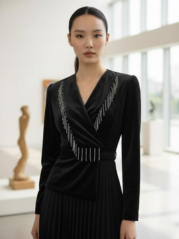 Women's Wine Velvet Pleated Midi Dress