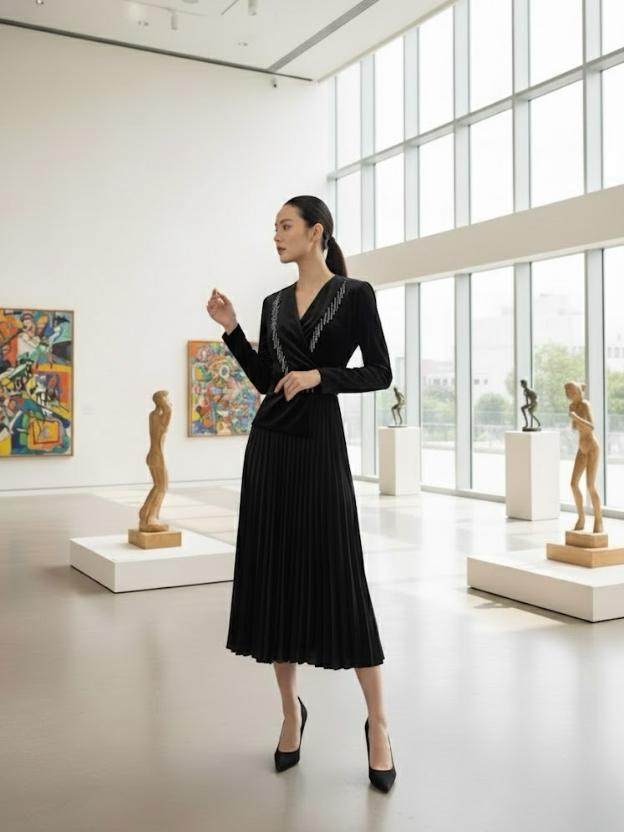 Women's Wine Velvet Pleated Midi Dress