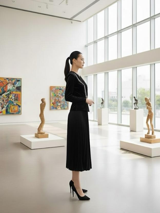 Women's Wine Velvet Pleated Midi Dress