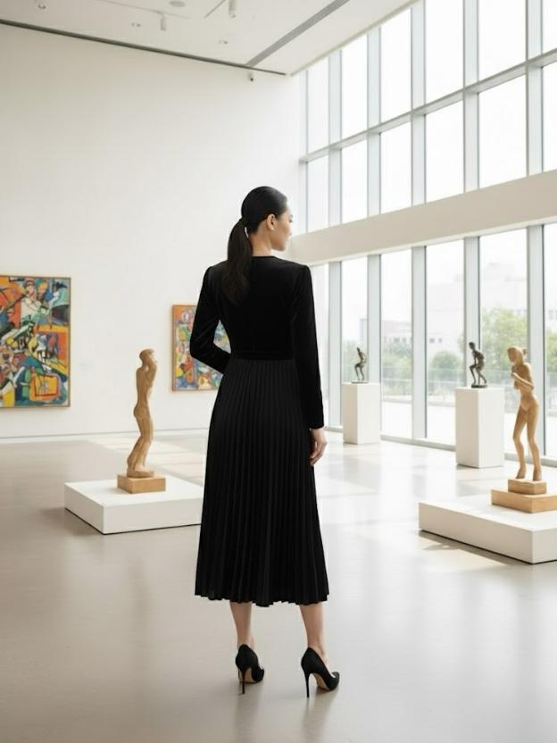 Women's Wine Velvet Pleated Midi Dress