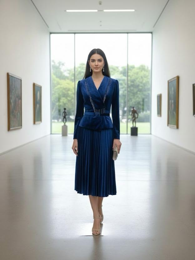 Women's Wine Velvet Pleated Midi Dress